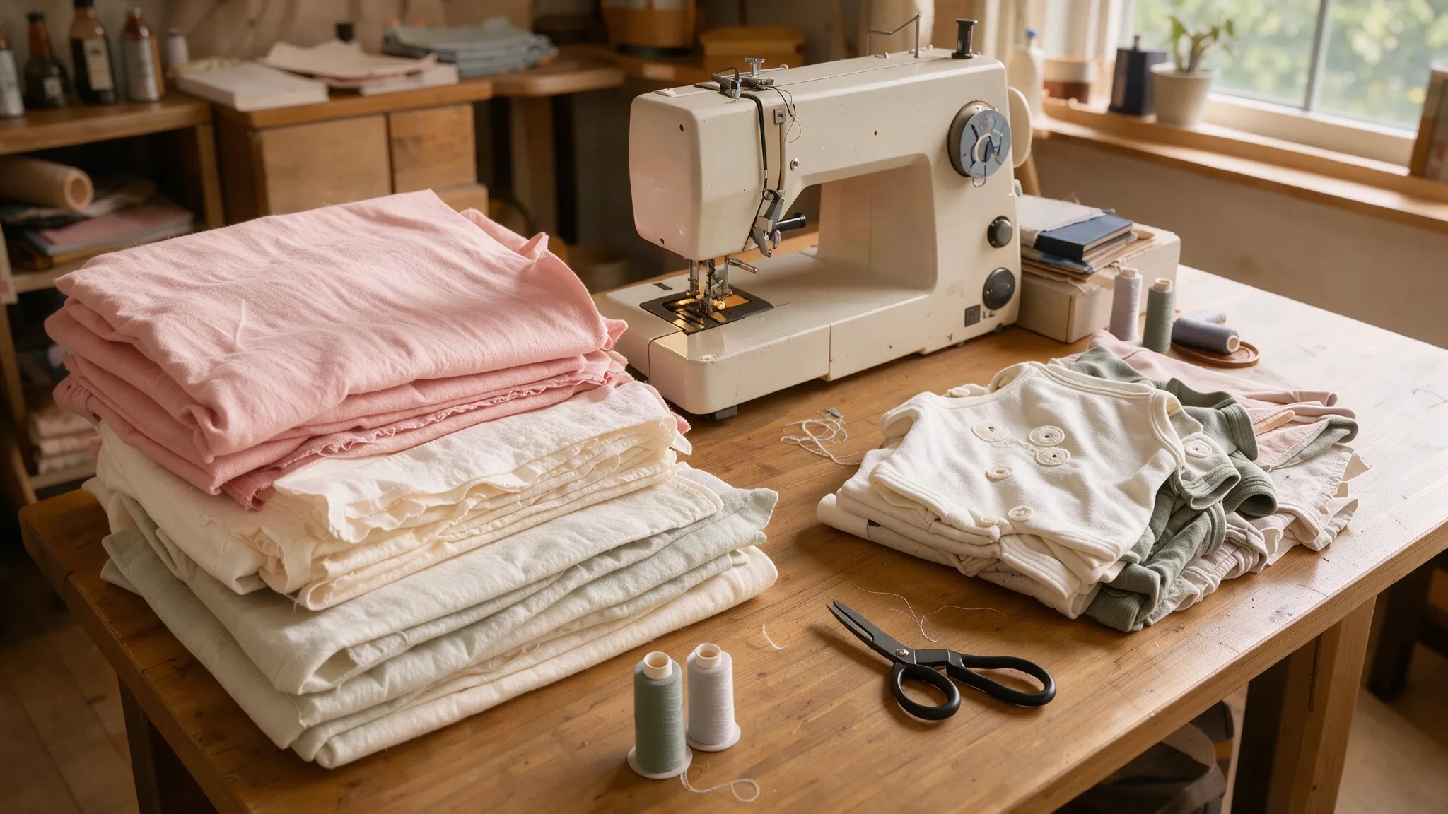 Plan de travail de l'atelier couture avec tissus pastel