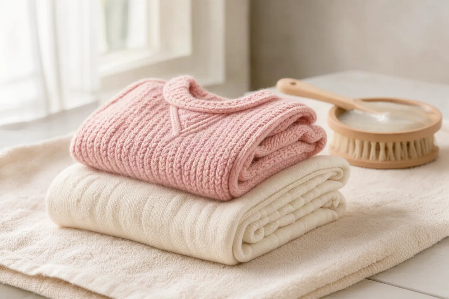 Petits vêtements pliés avec soin sur une serviette, produit doux à proximité